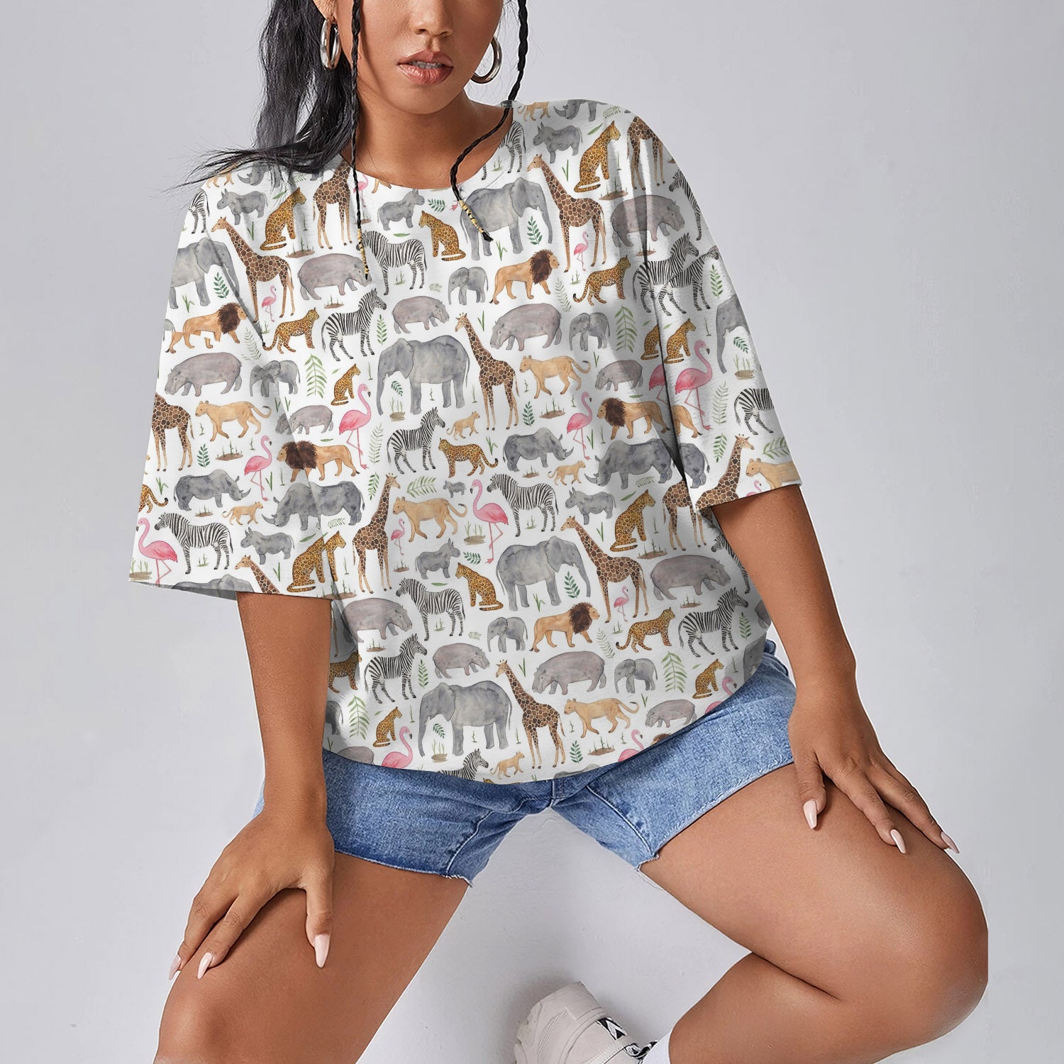 Animal Elephant Giraffe Lion Women Oversized T-Shirt | Printed Graphic Tees